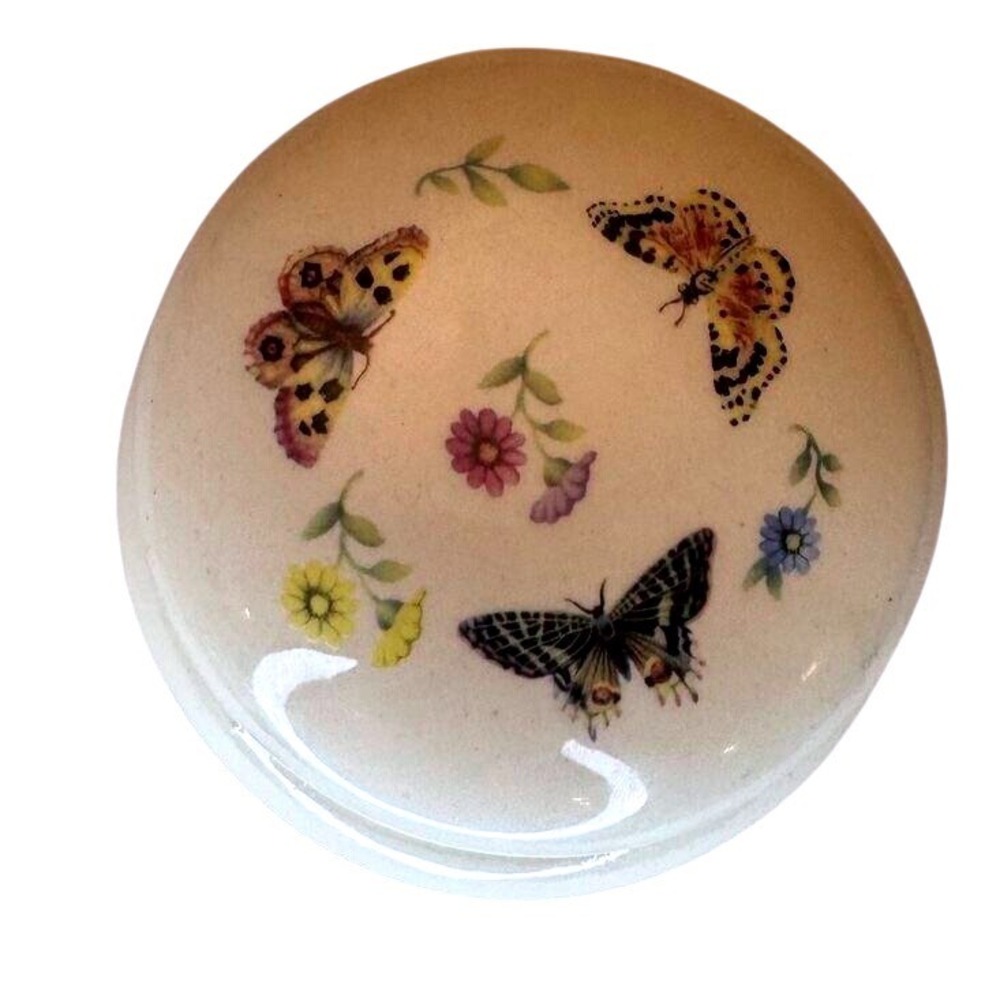 Vintage Butterfly‎ Floral Ceramic Trinket Box Cream Porcelain Jewelry Jar 4" - Picture 2 of 9